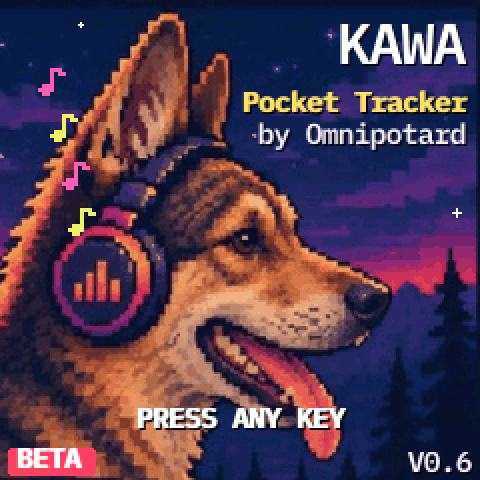 The start-up screen: KAWA's dog, wearing headphones, and PRESS ANY KEY blinking