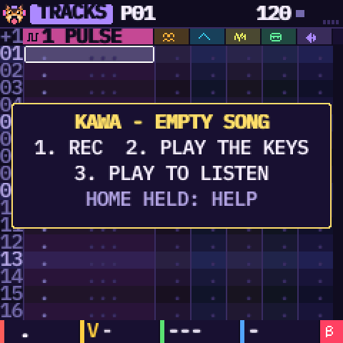 An empty TRACKS page with a box: KAWA - EMPTY SONG, 1. REC 2. PLAY THE KEYS, 3. PLAY TO LISTEN, HOME HELD: HELP