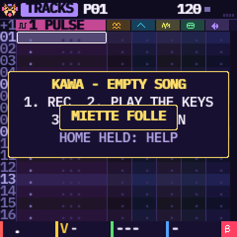 An empty song: its random name shows for a moment over the box of the first steps