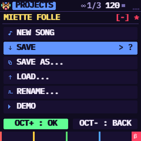The PROJECTS menu with SAVE selected