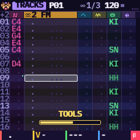 The TRACKS page with a small yellow loading bar at the bottom, the word TOOLS above it, filling while SAVE is held