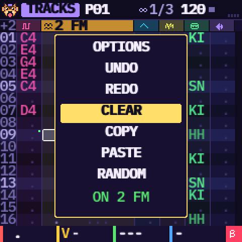 The tools panel over the tracks: OPTIONS, UNDO, REDO, CLEAR (selected), COPY, PASTE, RANDOM, and the line ON 2 FM