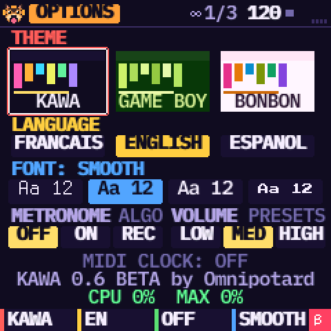 The OPTIONS page opened from the SAVE tools, with the METRONOME set to OFF and its VOLUME to MED
