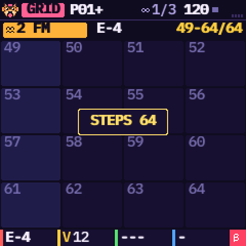 The grid on its last page, steps 49 to 64 of 64, with P01+ in the top bar