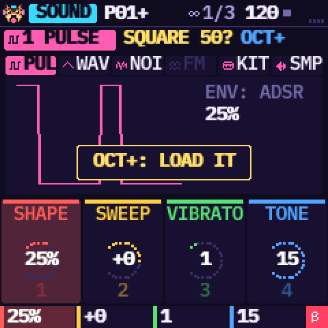 The SOUND page of an edited sound: SQUARE 50? shown in gold, with OCT+ next to it, and the message OCT+: LOAD IT