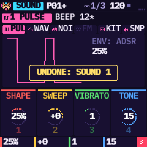 The edited sound BEEP 12* back, the message UNDONE: SOUND 1
