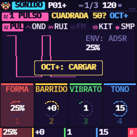 Un sonido editado: arriba, CUADRADA 50? en dorado con OCT+ al lado, y el aviso OCT+: CARGAR