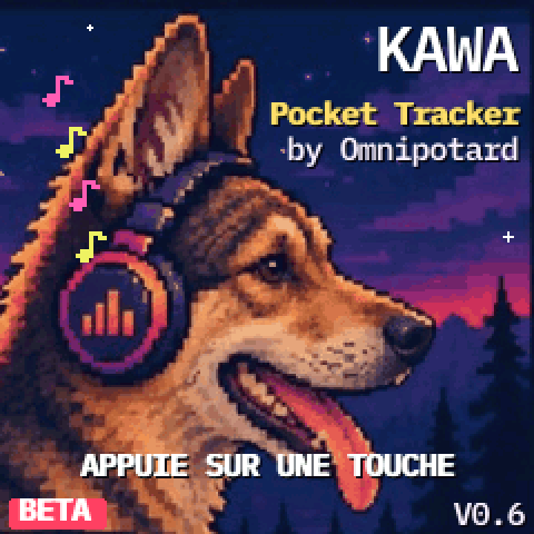 L'écran de démarrage : le chien de KAWA, un casque sur les oreilles, et « APPUIE SUR UNE TOUCHE » qui clignote
