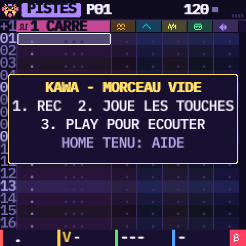 La page PISTES vide, avec l'encadré KAWA - MORCEAU VIDE : 1. REC 2. JOUE LES TOUCHES, 3. PLAY POUR ECOUTER, HOME TENU: AIDE