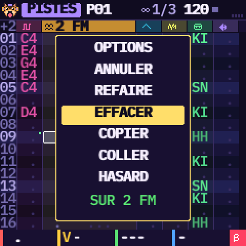 Le panneau des outils : OPTIONS, ANNULER, REFAIRE, EFFACER, COPIER, COLLER, HASARD