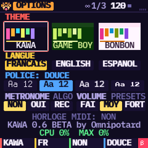 La page OPTIONS, avec le métronome et son volume